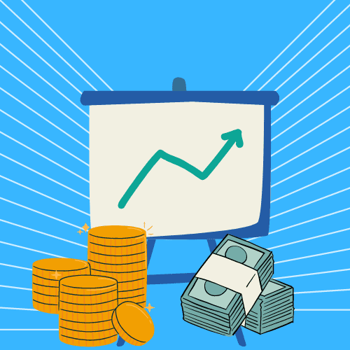 Chart showing business growth and coins and banknotes below the chart
